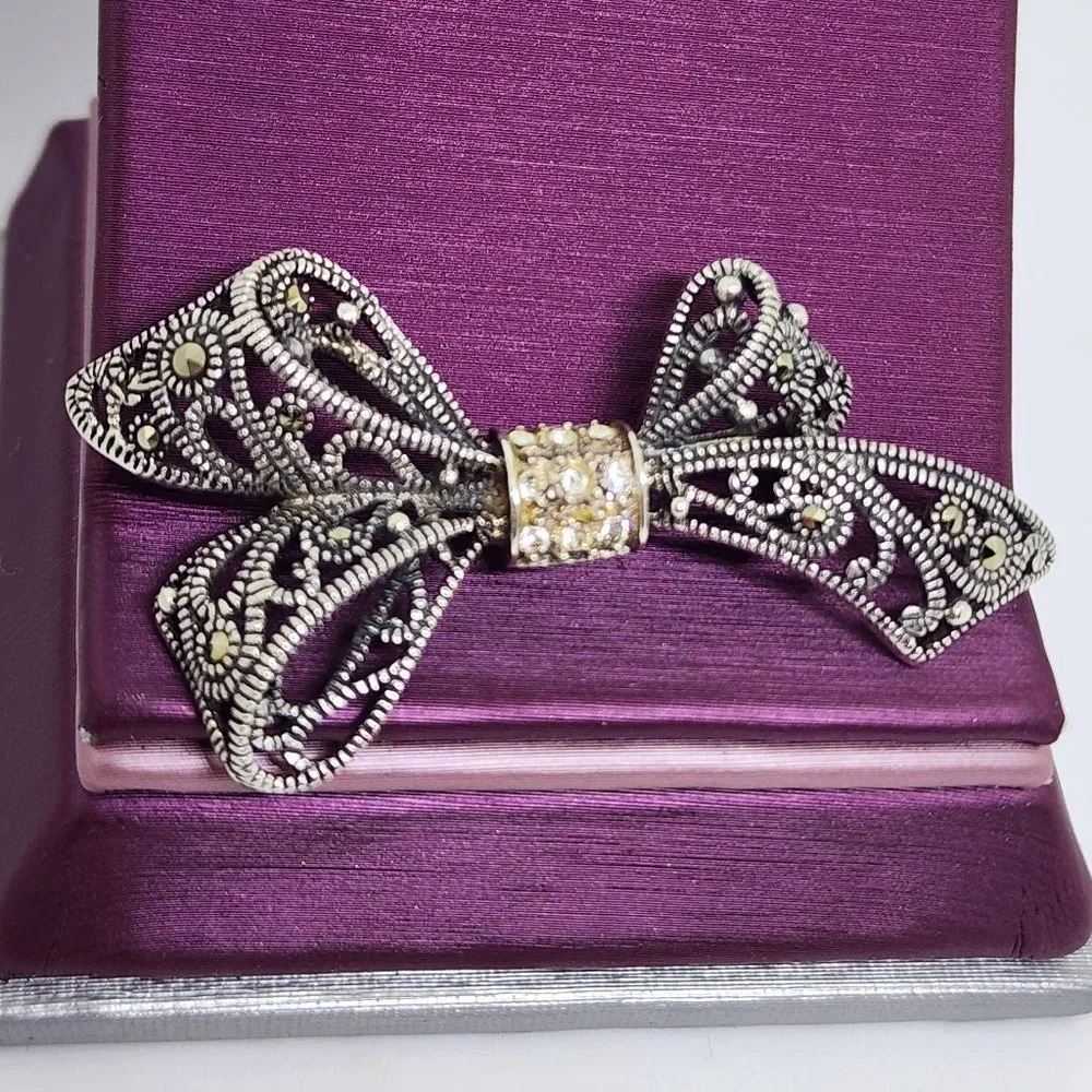 Vintage Sterling Silver Rhinestone and Marcasite Accent Bow Pin Brooch